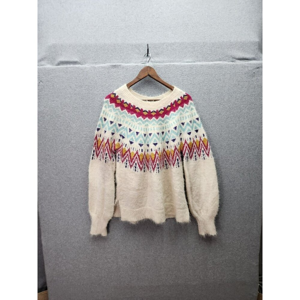 Time And Tru Womens Medium (8-10) Winter White Fair Isle Sweater With Multicolor